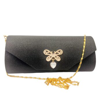Bridal Wedding Lady Satin Black Color Bags Lace chain Shoulder Bag Purse Party Girl Handbags (NBLK) Clutches NowBuy.lk